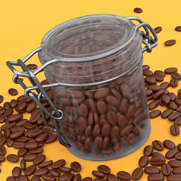 Glass Jar Coffee Beans Isolated Yellow Background Render Coffee Making — Photo