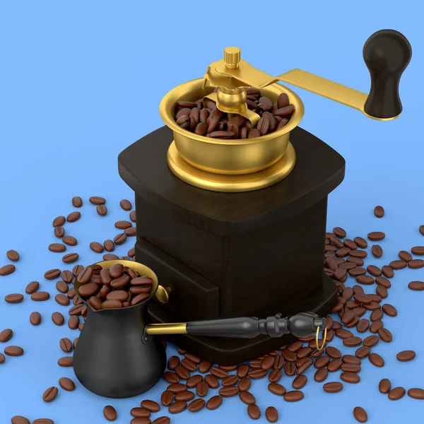 Manuelle Kaffeemühle Aus Holz Und Türkische Cezve Kaffeemaschine Sand Mit — Stockfoto