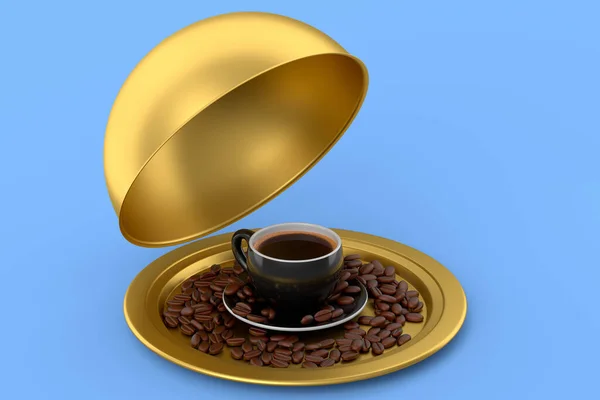 Seramik Kahve Fincanı Mavi Arka Planda Kahve Çekirdekleri Ile Servis — Stok fotoğraf