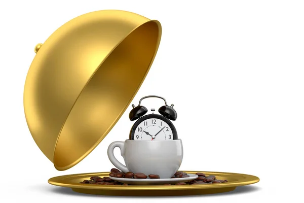 Metal Tray Cloche Ready Serve Ceramic Coffee Cup Alarm Clock — Fotografia de Stock