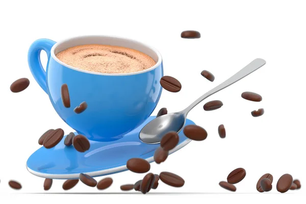 カプチーノ アメリカーノ エスプレッソ ココアを白を基調としたセラミックコーヒーカップ コンセプトの3Dレンダリングは 食品や飲料をリサイクル包装やドーナツに持ち帰ります — ストック写真