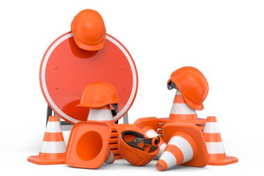 Güvenlik miğferleri, başlıklar ve trafik konileri beyaz arka planda yol çalışması için yol tabelası. Endüstriyel işçiler ve tamirciler için marangozluk araçları