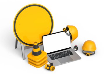 Güvenlik kaskı veya başlık seti, trafik konileri ve beyaz arka planda dizüstü bilgisayarın yanında yol çalışması için imza. Marangozluk araçları ile web sitesinin bakım altında 3d görüntülenmesi