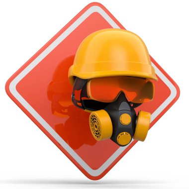 Mühendis miğferi gibi tamir ve montaj için bir takım giysi ve aletler. Kulaklıklar, solunum cihazı ve beyaz arka planda trafik işaretleri. 3D tesisatçı ya da tamirci servisi