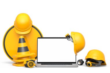 Güvenlik miğferleri, başlıklar ve trafik konileri beyaz arka planda yol çalışması için yol tabelası. Marangozluk araçları ve dizüstü bilgisayarla birlikte web sitesinin bakım altında 3d görüntülenmesi