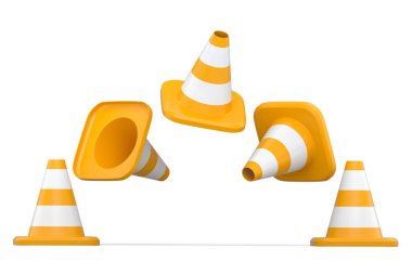 İnşaatın altındaki yol çalışmaları için beyaz arka planda bir takım trafik konileri. 3d bakım konsepti ya da dikkat uyarı konisi