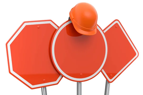 路标上的一组安全帽或硬礼帽 白色背景隔离 三维模拟街道交通标志模板 — 图库照片
