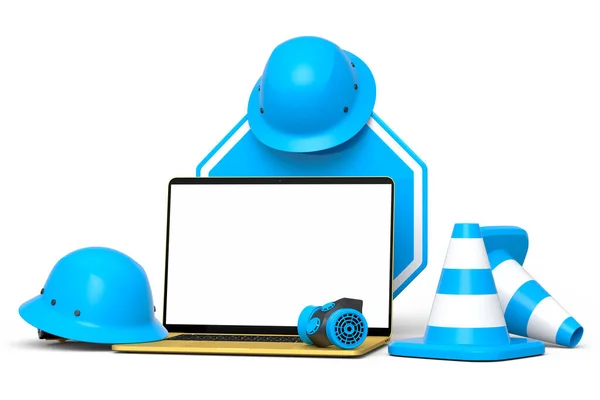 안전모나 안전모 바탕으로 건설중인 공사를 표지판 노트북으로 관리하는 사이트 — 스톡 사진