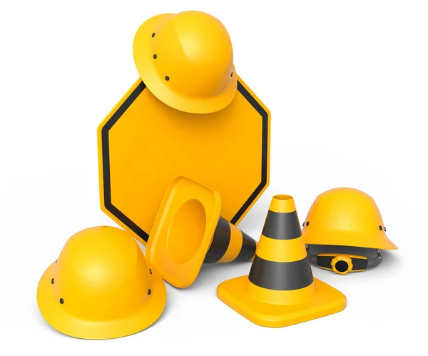 安全ヘルメットやハード帽子や交通コーンのセット 白い背景に建設道路工事中の道路標識 工業労働者と手仕事家のための3Dレンダリング大工ツール — ストック写真