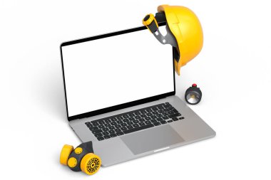 Beyaz arka planda marangozluk çalışmaları için güvenlik kaskları, sert kapaklar, solunum cihazları ve dizüstü bilgisayarlar. Marangozluk işi ya da işçi başlığı için 3D tasvir ve resimleme