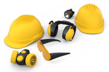 Kask gibi tamir ve montaj için bir set inşaat giysisi. Kulaklıklar ve solunum cihazı beyaz arka planda. Tesisatçı ya da tamirci için 3D tasvir ve hizmet afişi