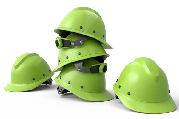 白い背景に安全ヘルメットやハードキャップのスタック 3Dレンダリングと大工仕事や労働者のヘッドウェアのためのツールのイラスト — ストック写真