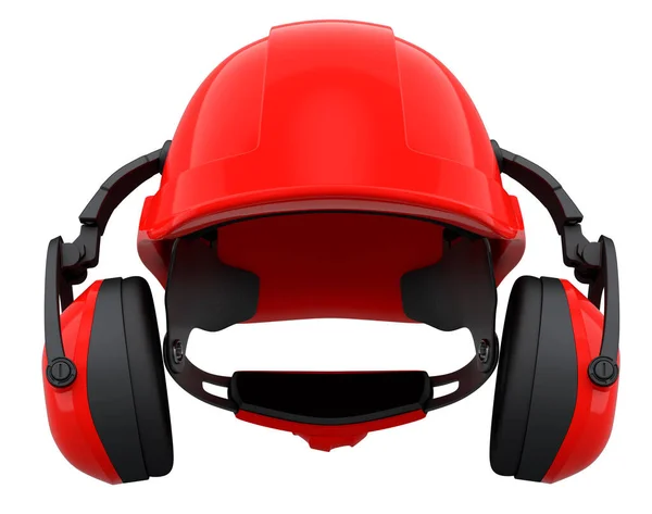 红色安全帽或硬帽子和耳机围巾隔离在白色背景 头盔和手工工具的3D渲染和说明 — 图库照片
