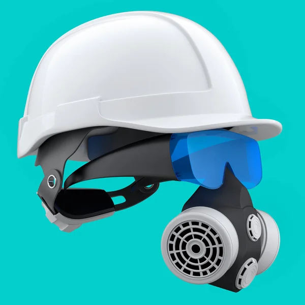一套用于修理和安装的结构磨损和工具 如头盔 绿色背景的防护眼镜和呼吸器 房屋水管工服务横幅3D渲染及图解 — 图库照片