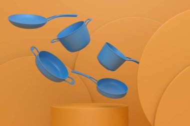 Soyut sahne ya da podyum, güveç ve tek renk arka planda kızartma tavaları. Ürün sunumu için 3d görüntü oluşturma veya ürünü sahnede, kaidede veya platformda gösterme