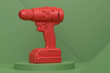 Monokrom arka planda elektrikli matkapla soyut sahne ya da podyum. Sahne 3 boyutlu sunum sunum marangoz aracı sahne, kaide veya platform onarımı ve inşası için