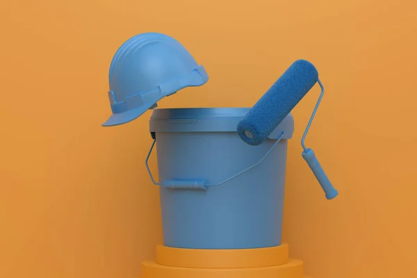 带安全帽的抽象场景或讲台 带单色底漆滚筒的桶 用于舞台 基座或平台上修理的产品演示木工工具的3D渲染 — 图库照片