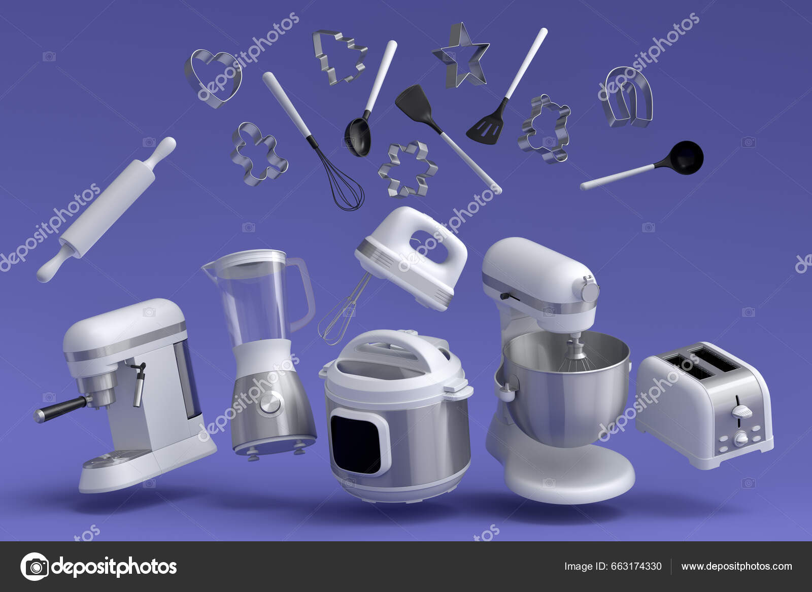 Electric Kitchen Appliances Utensils Making Breakfast Violet Background  Render Kitchenware Stock Photo by ©boule1301 663174330