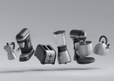 Beyaz arka planda kahvaltı hazırlamak için elektrikli mutfak aletleri ve aletleri. Pişirme, pişirme, karıştırma ve kırbaçlama için 3D mutfak gereçleri