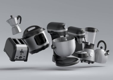 Beyaz arka planda kahvaltı hazırlamak için elektrikli mutfak aletleri ve aletleri. Pişirme, pişirme, karıştırma ve kırbaçlama için 3D mutfak gereçleri