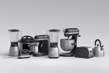 Beyaz arka planda kahvaltı hazırlamak için elektrikli mutfak aletleri ve aletleri. Pişirme, pişirme, karıştırma ve kırbaçlama için 3D mutfak gereçleri