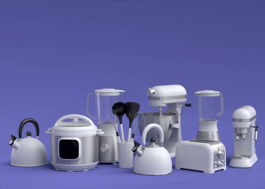 Electric kitchen appliances and utensils for making breakfast on violet background. 3d render of kitchenware for cooking, baking, blending and whipping