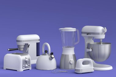 Electric kitchen appliances and utensils for making breakfast on violet background. 3d render of kitchenware for cooking, baking, blending and whipping