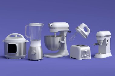 Electric kitchen appliances and utensils for making breakfast on violet background. 3d render of kitchenware for cooking, baking, blending and whipping
