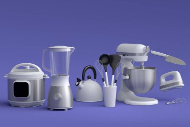 Electric kitchen appliances and utensils for making breakfast on violet background. 3d render of kitchenware for cooking, baking, blending and whipping