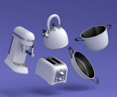 Electric kitchen appliances and utensils for making breakfast on violet background. 3d render of kitchenware for cooking, baking, blending and whipping