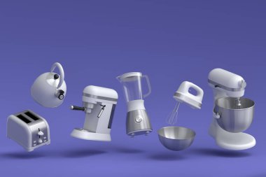 Electric kitchen appliances and utensils for making breakfast on violet background. 3d render of kitchenware for cooking, baking, blending and whipping