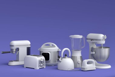 Electric kitchen appliances and utensils for making breakfast on violet background. 3d render of kitchenware for cooking, baking, blending and whipping