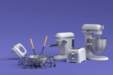 Mixer and metal bowl with kitchen utensil for preparation of dough on violet background. 3d render cooking process step by step and accessories for cooking, blending and mixing