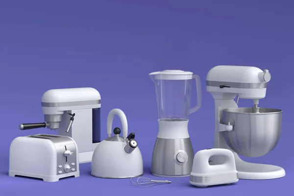 Electric Kitchen Appliances Utensils Making Breakfast Violet Background Render Kitchenware — Foto Stock