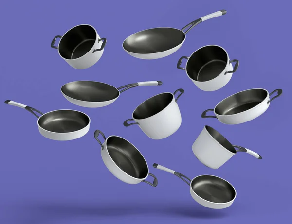 Set Flying Stainless Steel Stewpot Frying Pan Chrome Plated Aluminum — Stock Photo, Image