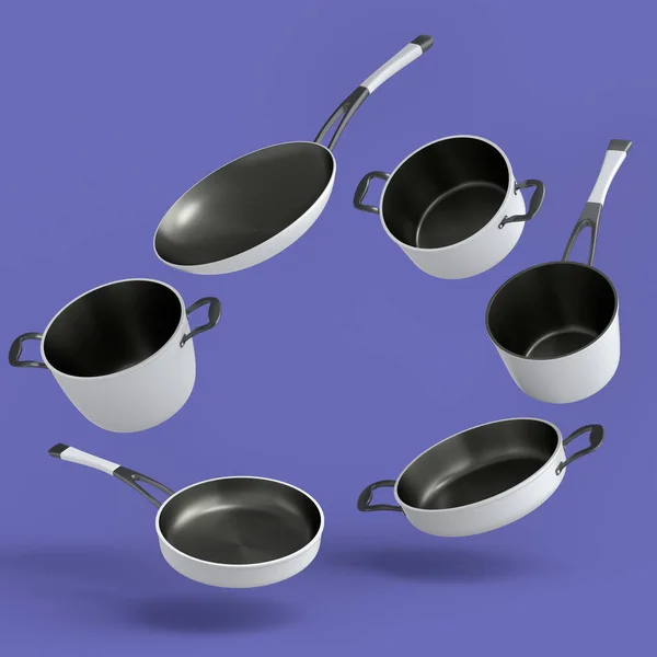 Set Flying Stainless Steel Stewpot Frying Pan Chrome Plated Aluminum — Stock Photo, Image