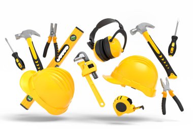 Beyaz arka planda onarım ve kurulum için sarı inşaat araçlarının uçuş görüntüsü. Tesisatçı ya da tamirci için 3D tasvir ve hizmet afişi