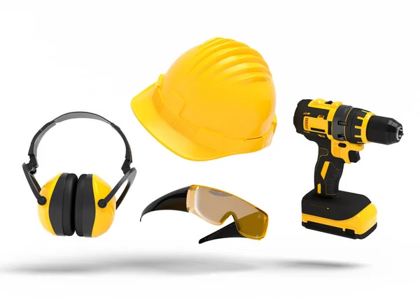 Flying View Yellow Construction Tools Repair Installation White Background Render — Stock Photo, Image