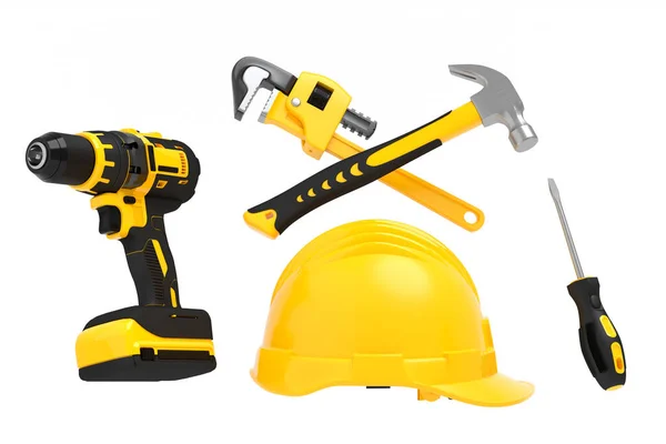 Flying View Yellow Construction Tools Repair Installation White Background Render — Stock Photo, Image