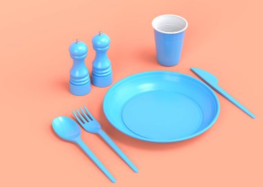 Tek renk arka planda tabak, kaşık, bıçak, bardak, biber ve tuz değirmeni gibi tek kullanımlık aletler. 3D dünyayı kurtarma ve sıfır atık kavramı