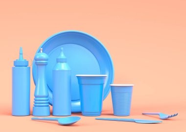 Tek renk arka planda tabak, kaşık, bıçak, bardak, biber ve tuz değirmeni gibi tek kullanımlık aletler. 3D dünyayı kurtarma ve sıfır atık kavramı