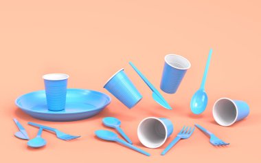 Tek renk arka planda tabak, kaşık, bıçak ve bardak gibi tek kullanımlık aletler. 3D dünyayı kurtarma ve sıfır atık kavramı