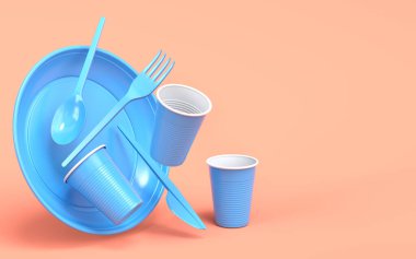 Tek renk arka planda tabak, kaşık, bıçak ve bardak gibi tek kullanımlık aletler. 3D dünyayı kurtarma ve sıfır atık kavramı