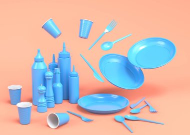 Tek renk arka planda tabak, kaşık, bıçak, bardak, biber ve tuz değirmeni gibi tek kullanımlık aletler. 3D dünyayı kurtarma ve sıfır atık kavramı