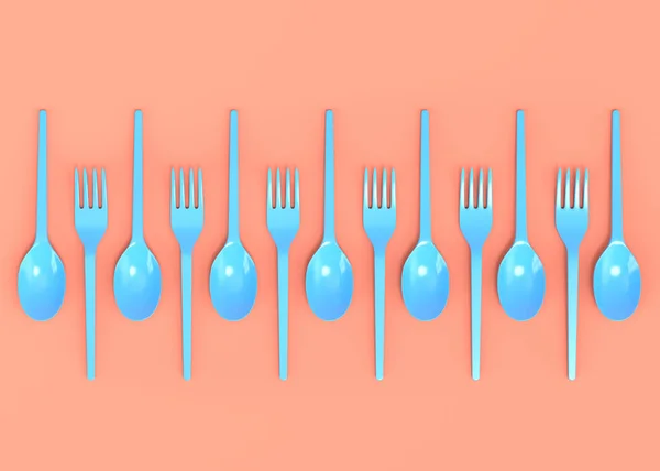 一套一次性器皿 如勺子 叉子和刀 背景为单色 3D使拯救地球和零废物的概念 — 图库照片
