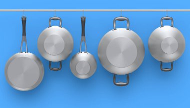 Lekesiz çelik güveç seti, kızartma tavası ve krom kaplama alüminyum tencereler mavi arka planda rafta asılı duruyor. Yapışmayan mutfak gereçlerinin 3D görüntüsü