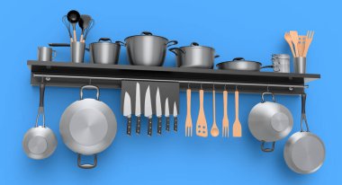 Mutfak gereçleri, güveç tenceresi, kızartma tavası ve krom kaplama tencereler mavi arka planda rafta asılı duruyor. Aşçılık, harmanlama ve karıştırma için 3D pişirme süreci adım adım ve aksesuarları
