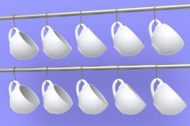 Cappuccino, americano, espresso, mocha, latte ve menekşe arkaplanlı kakao için seramik kahve fincanı. Geri dönüşüm ambalajı ve çöreğinde 3D konsept paket ve içecek.