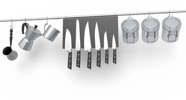 Комплект Кухонной Утвари Ножи Тушёный Горшок Сковородка Хромированная Посуда Висят — стоковое фото