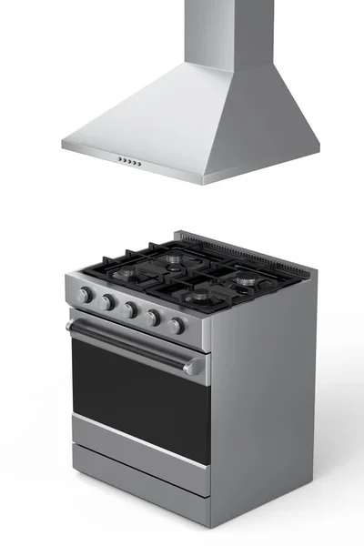 白い背景にレンジフード付きのキッチン用品 電気またはガスコンロの調理器のセット 食品の調製と煮沸の3Dレンダリング — ストック写真